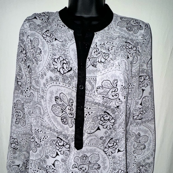 Black & Gray Mesh See Through Button Down Blouse with Paisley Pattern - Picture 2 of 8